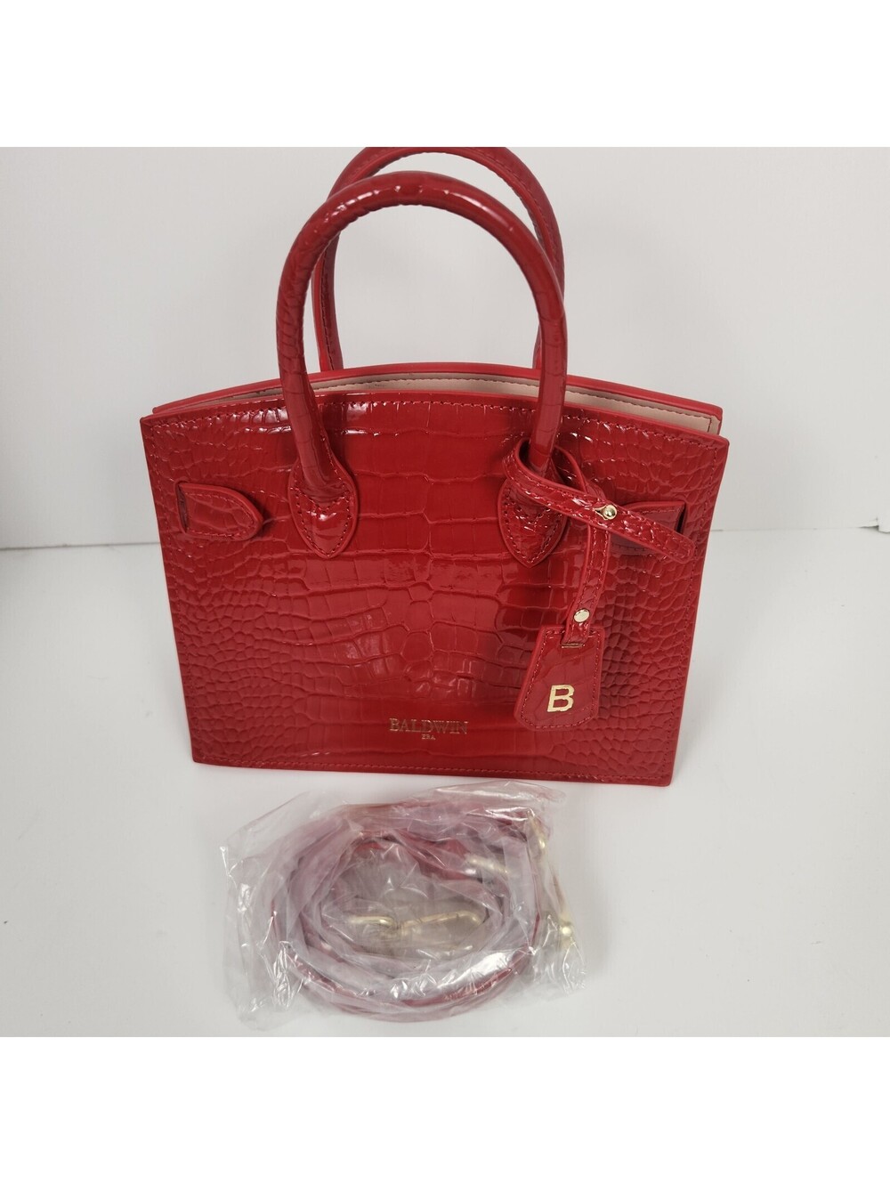Baldwin Red Croc Embossed Leather Handbag with Gold Hardware and Strap